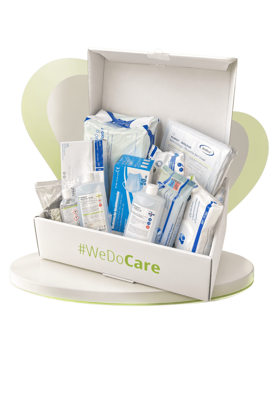 Pflegehilfsmittel zum Verbrauch Box mit Handschuhen und Desinfektionsmitteln